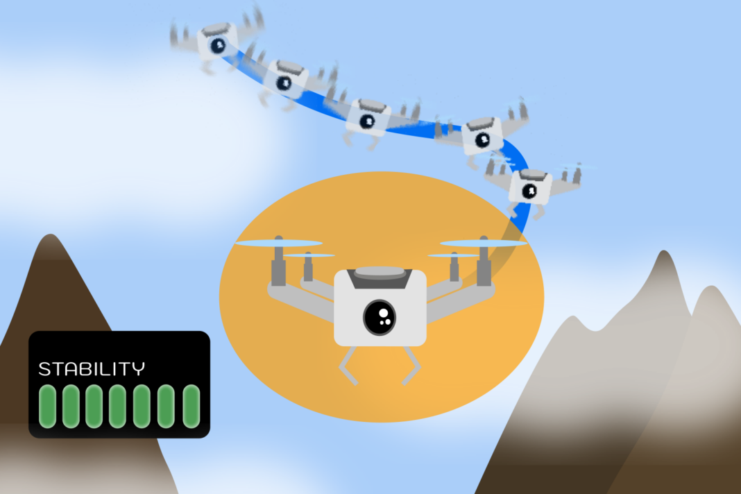 Illustration of a stable drone flight over mountains.