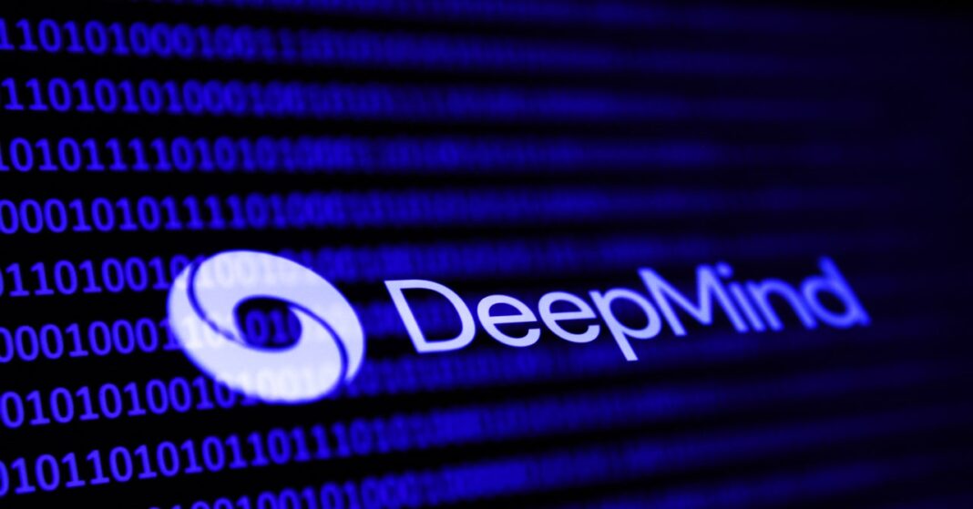 DeepMind logo with digital binary code background.