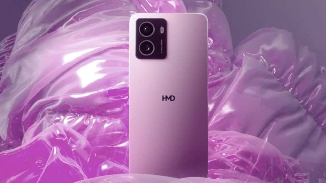 Purple smartphone with dual camera setup.