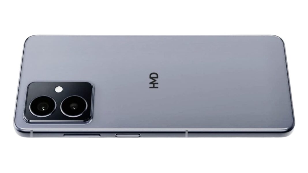 Modern smartphone with dual cameras and logo.