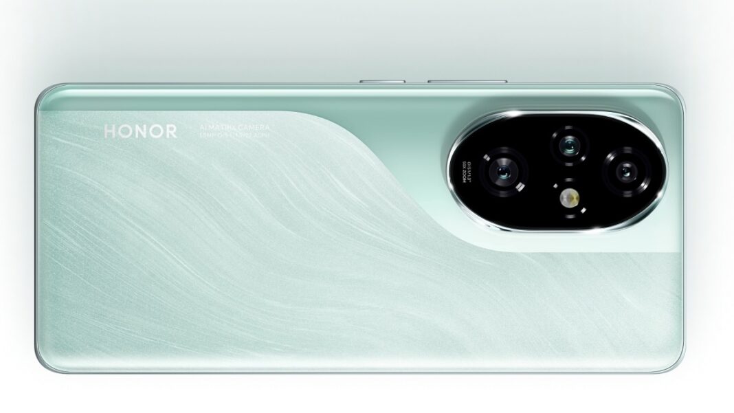 HONOR smartphone with quad-camera setup on aqua background.