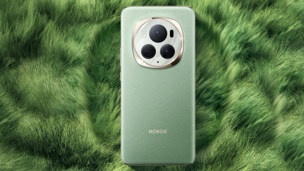 Green smartphone with triple camera on grass background.