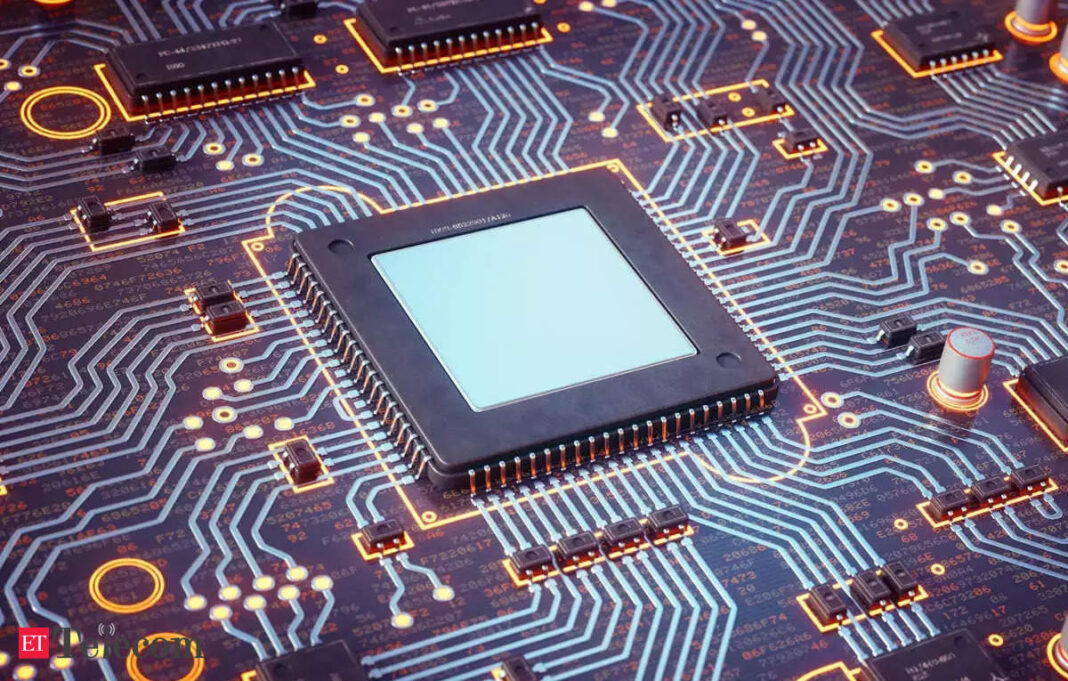 Close-up of a microprocessor on a circuit board.