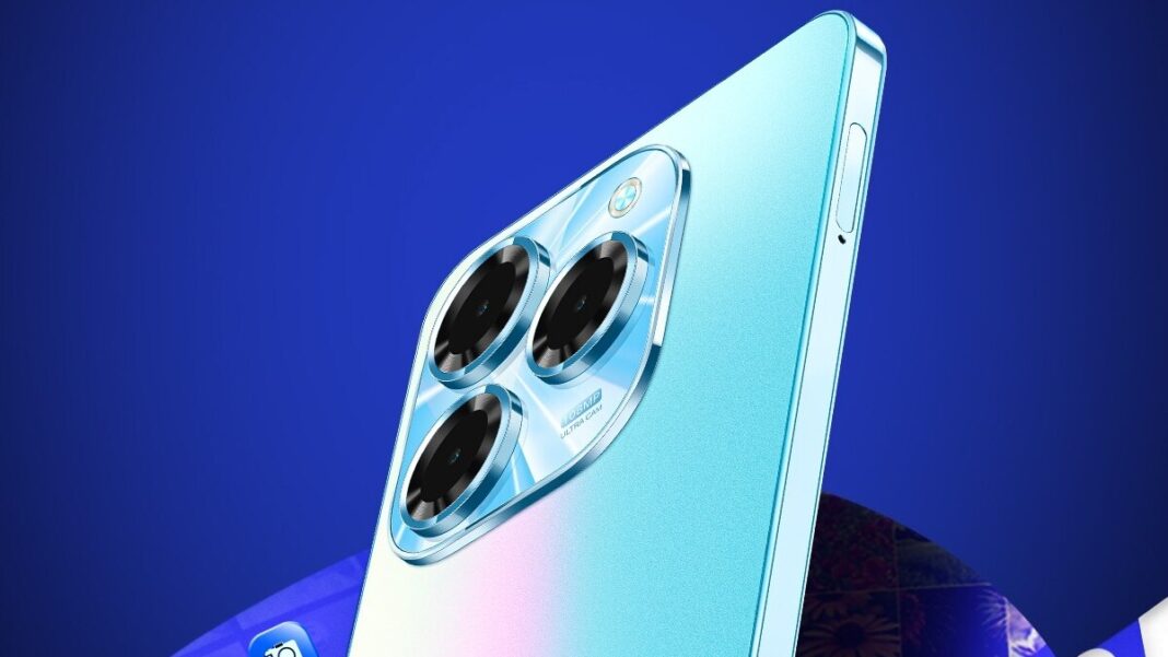 Blue smartphone with triple camera design on blue background.