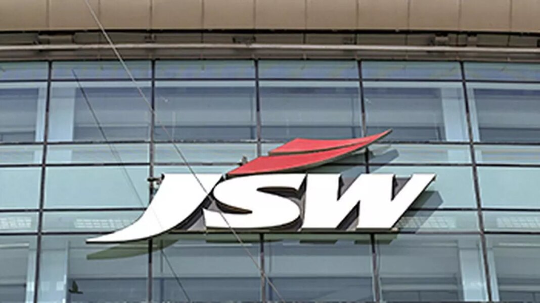 JSW logo on corporate building facade.