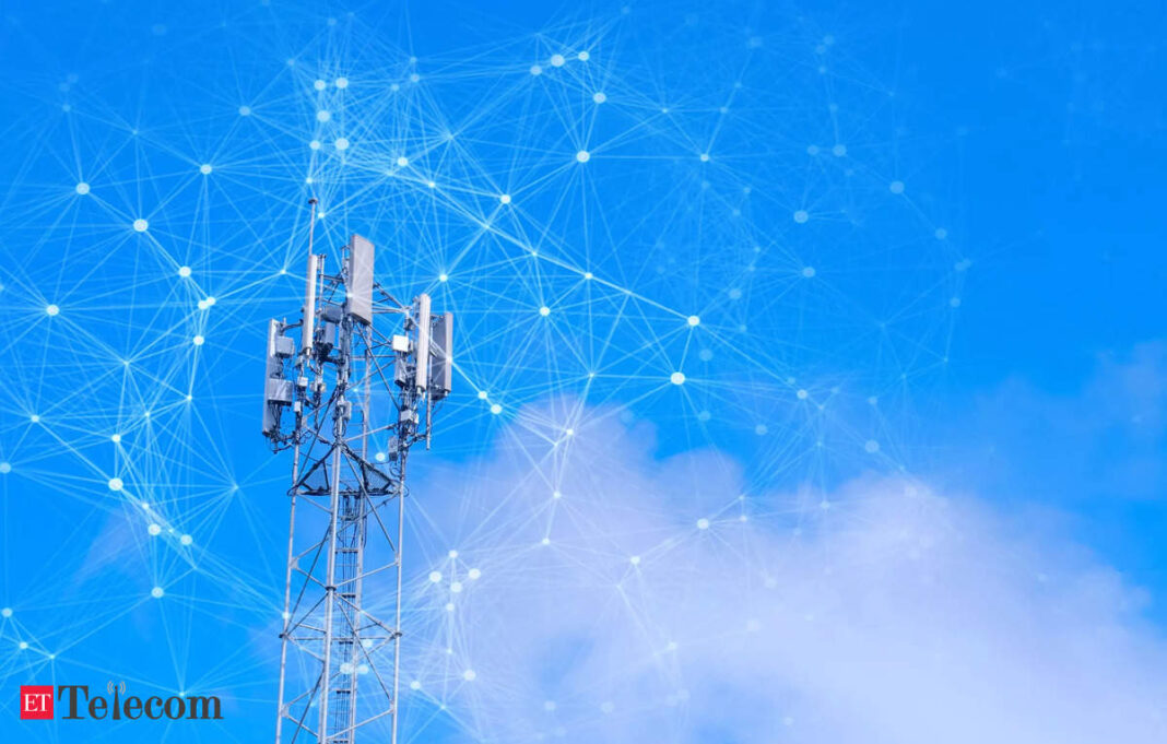 Cell tower with connected network illustration against blue sky.