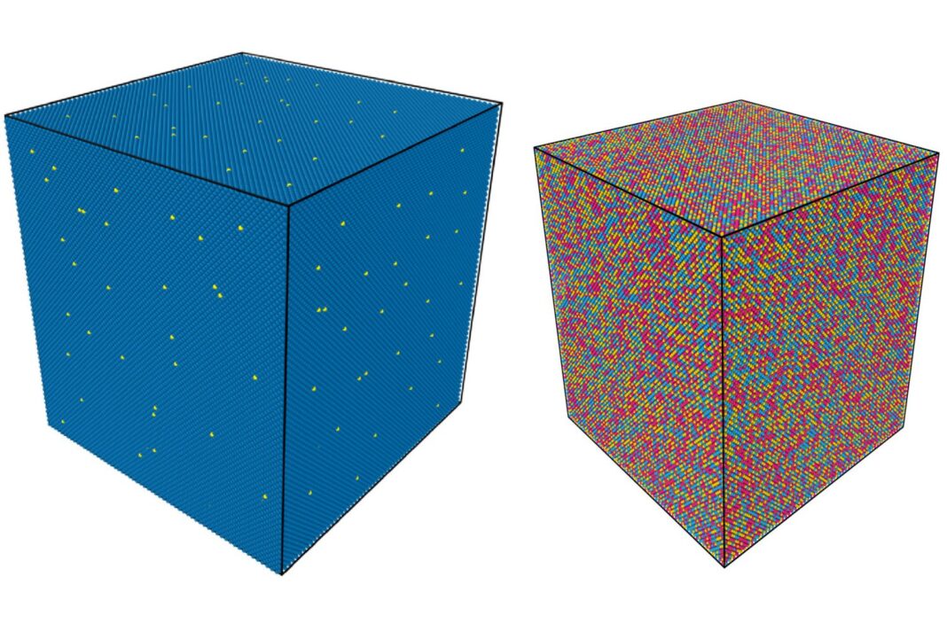 Blue dotted cube and multicolored pixel cube.