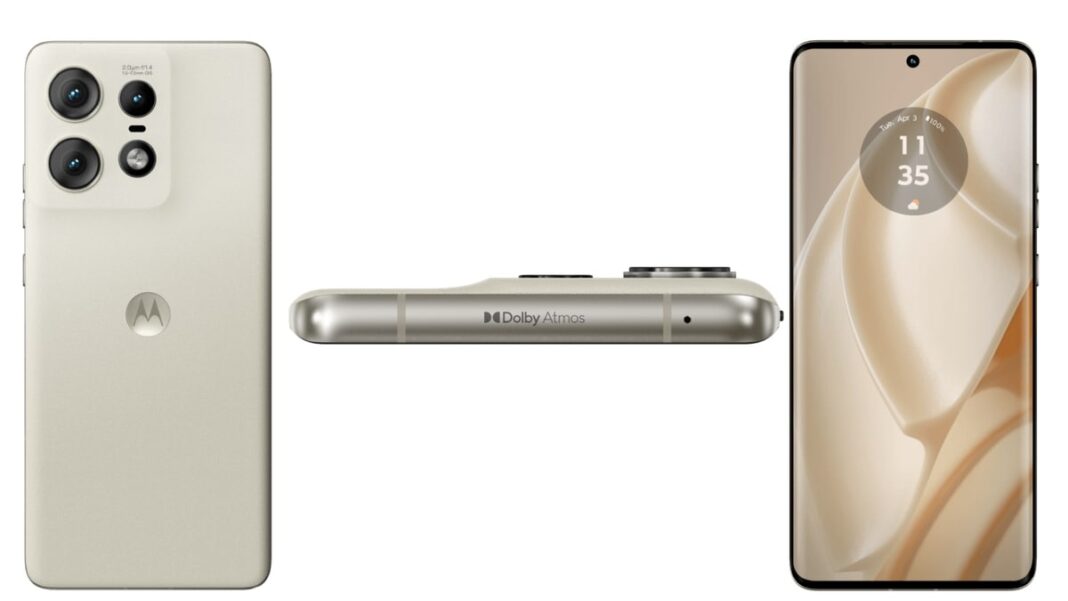 Beige smartphone with triple cameras and side profile view.