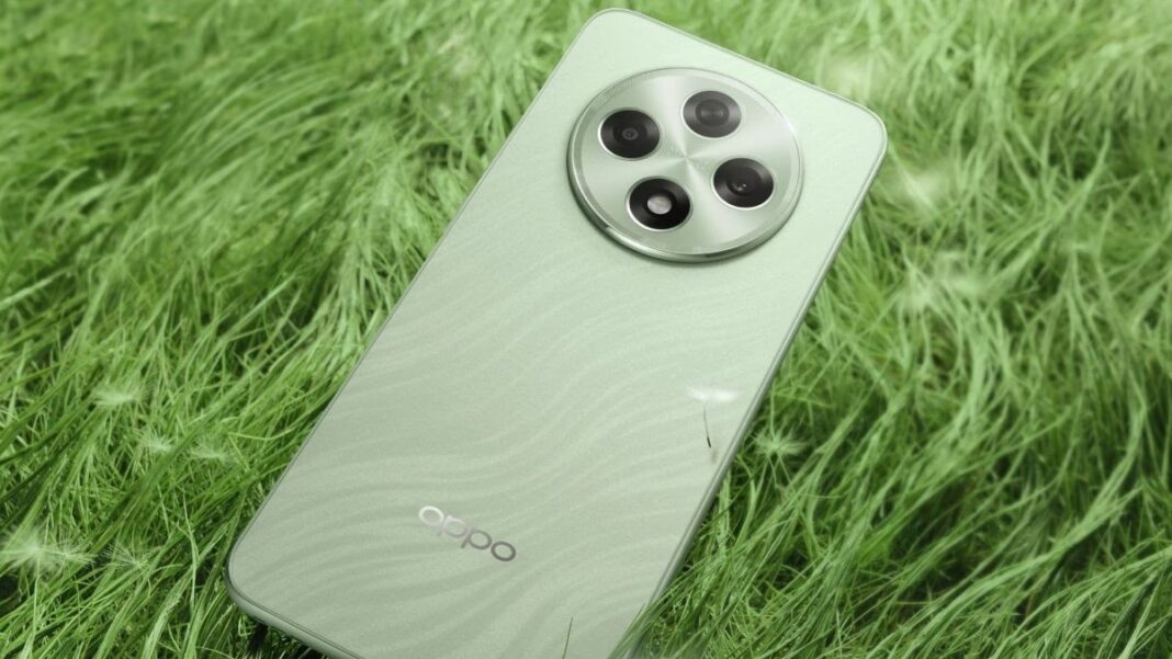 Green smartphone with triple camera on grass.
