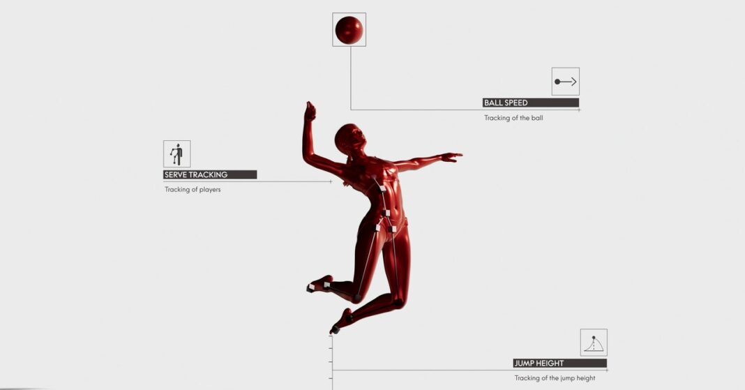 Sports motion tracking technology demonstration with metrics.