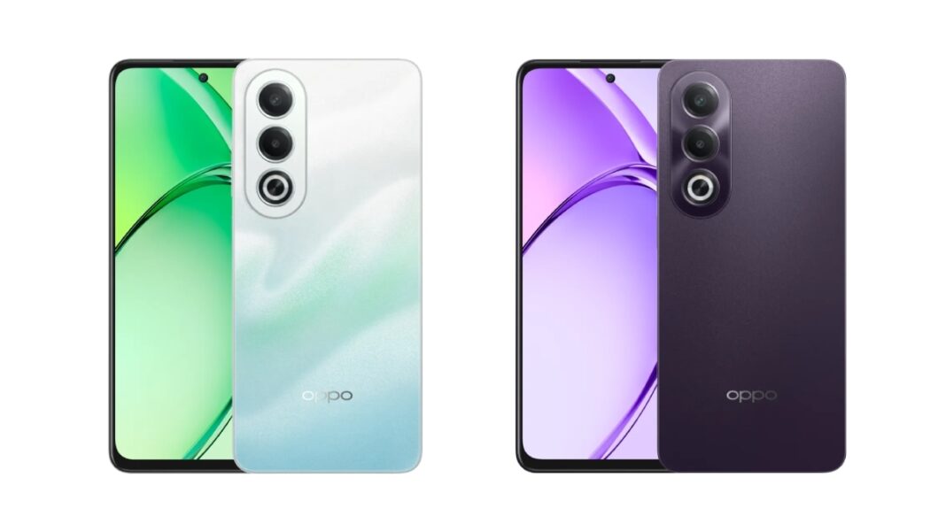 Two Oppo smartphones, white and black, front and back view.