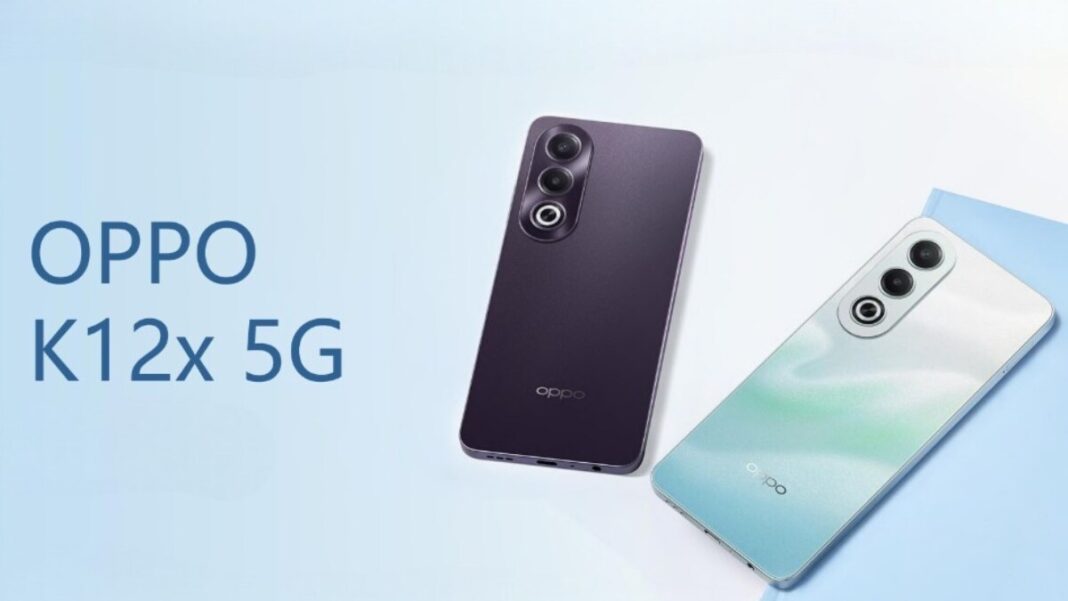 OPPO K12x 5G smartphones displayed on blue gradient background.