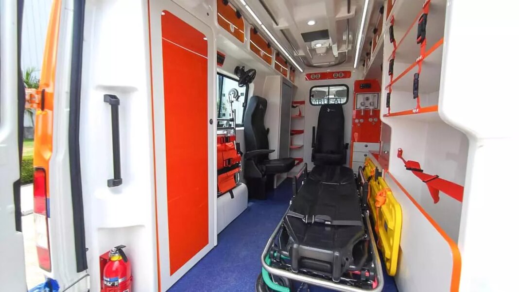 Interior of modern emergency ambulance vehicle.