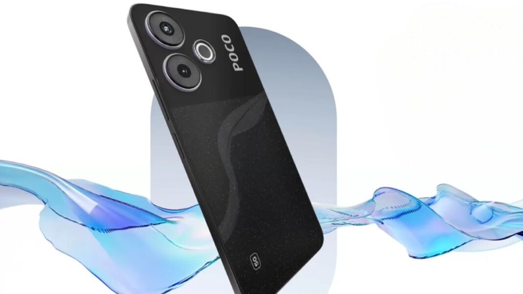 POCO smartphone with dual cameras and water-resistant design.