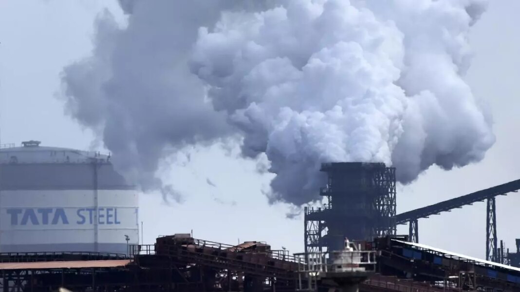 Industrial smoke from Tata Steel plant emissions.