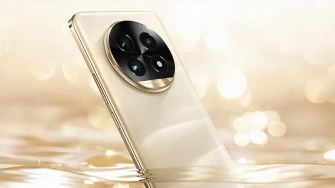 Luxury smartphone with triple camera on gold background.