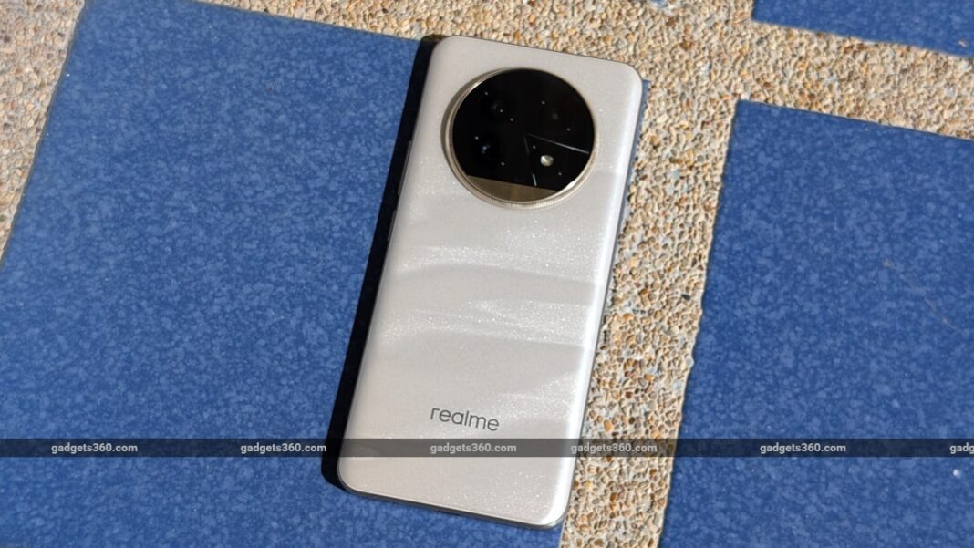 Realme smartphone with circular camera module on textured background.