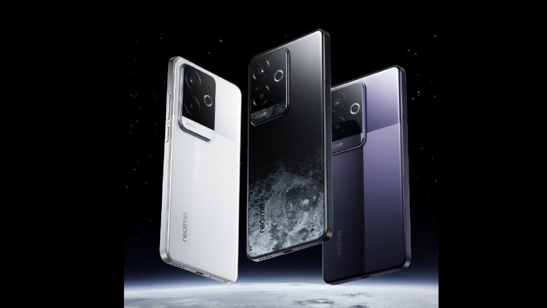 Three smartphones floating in space, varying colors.