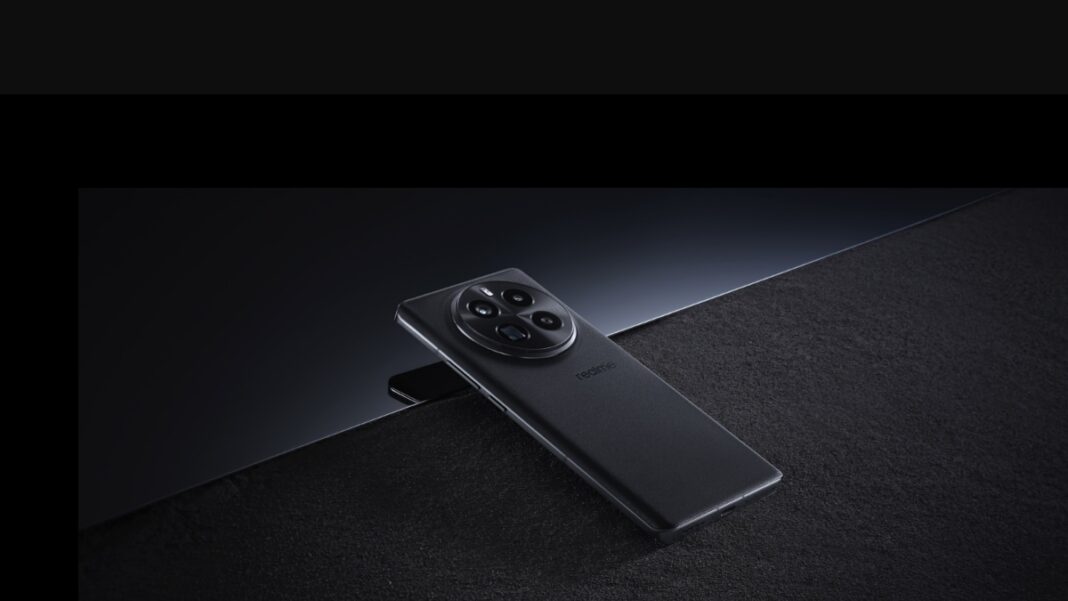 Black smartphone with triple camera on dark background.