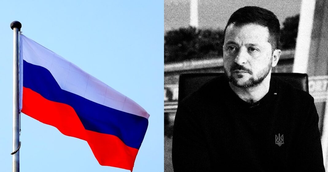 Russian flag and a serious man in monochrome.