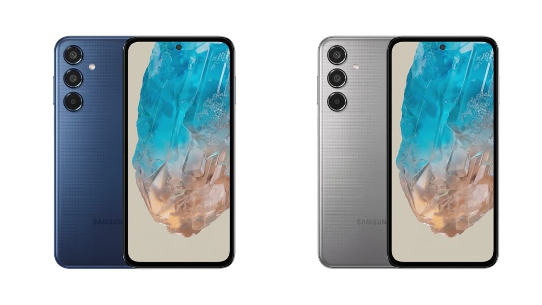 Blue and gray smartphones, front and back view.