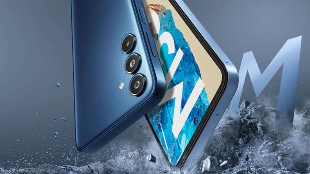 Water-resistant smartphone with triple cameras on splash background.