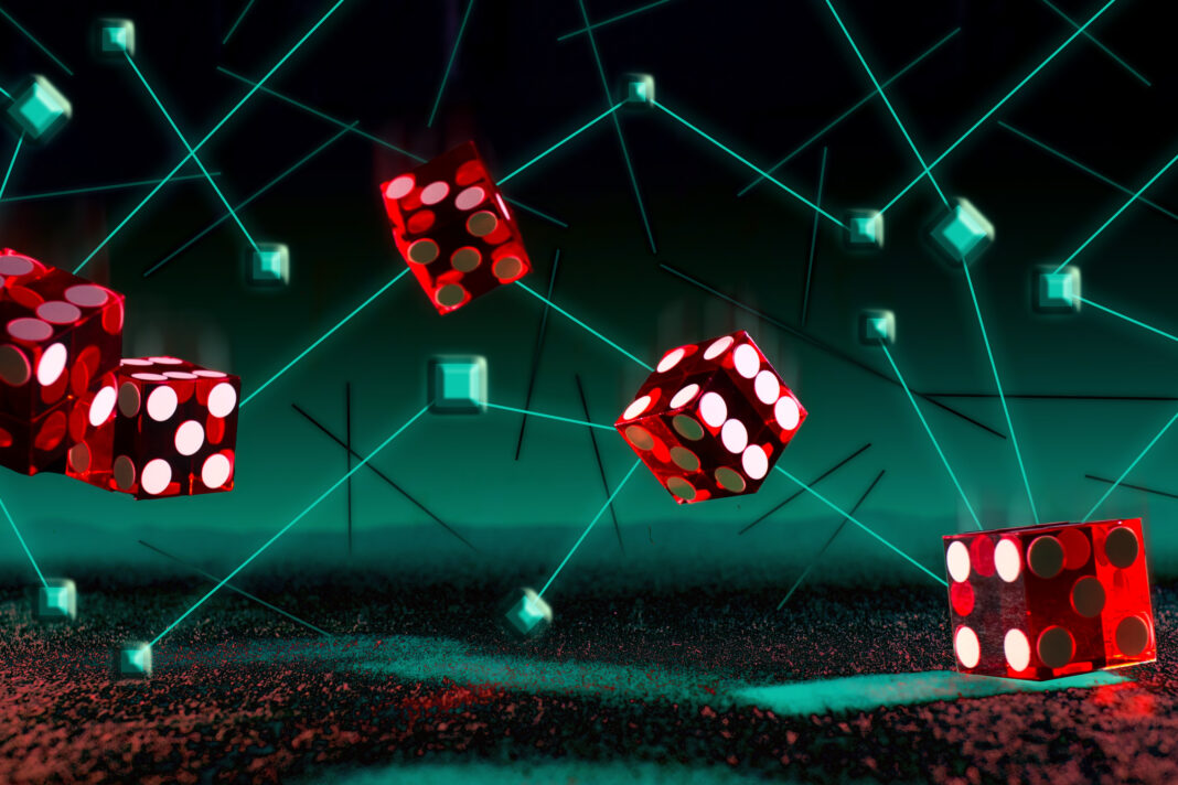 Floating red dice with glowing connections.