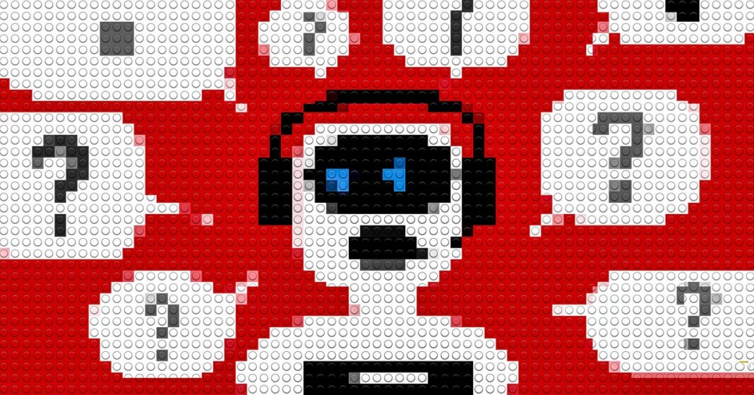 Lego mosaic of person with headphones and blue eyes