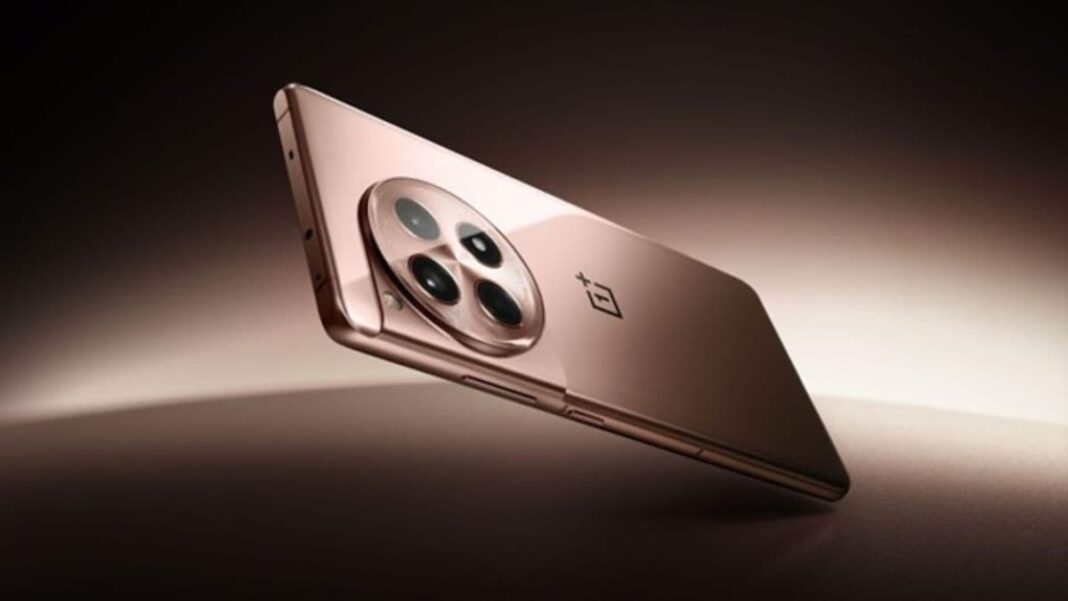 Rose gold smartphone with triple cameras on gradient background.