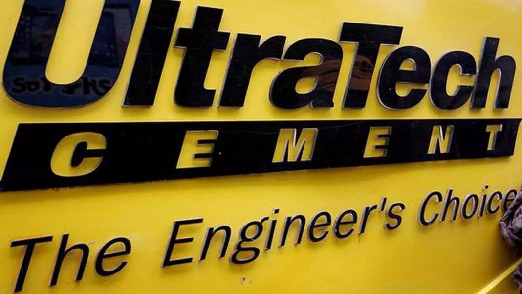 UltraTech Cement brand logo on yellow background.