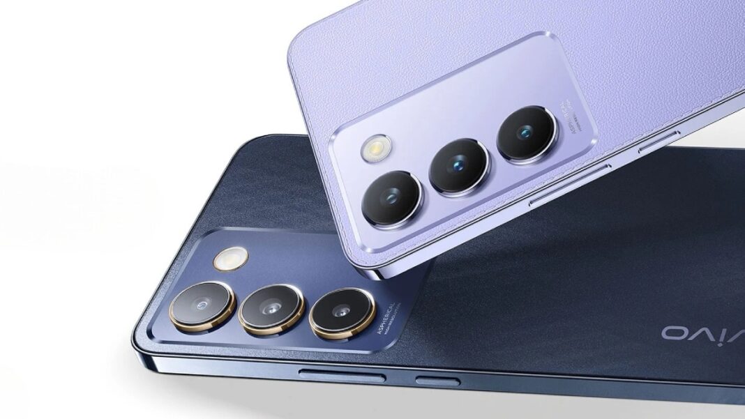 Purple and blue smartphones with triple camera systems.