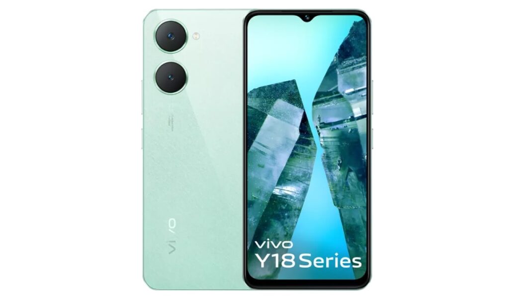 Vivo Y18 smartphone, dual camera, mint green.