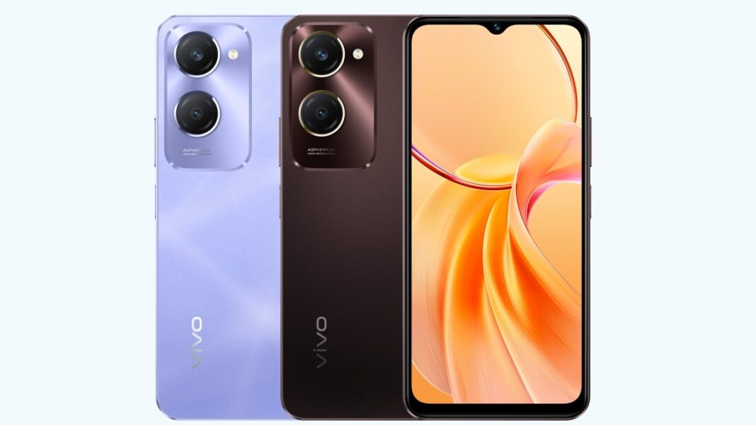 Two Vivo smartphones, cameras visible, front and back view.