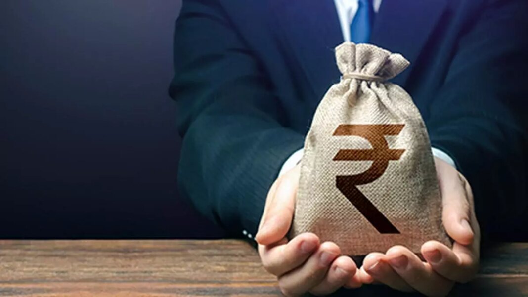 Person holding bag with Indian Rupee symbol.