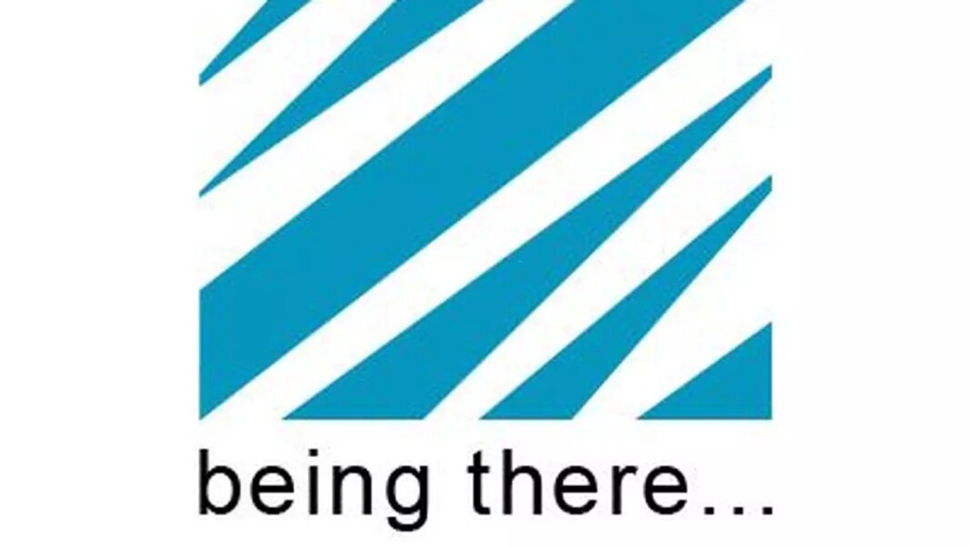 Abstract blue stripes logo with text "being there...