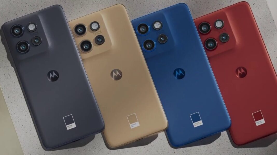 Assorted Motorola smartphones in various colors on display.