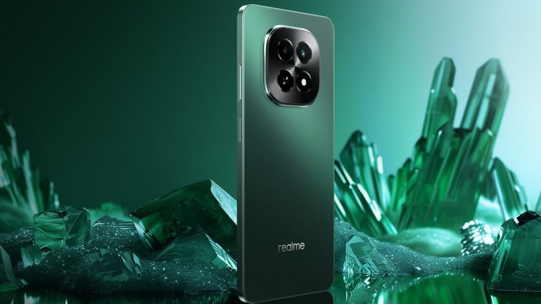 Realme smartphone with crystal background.