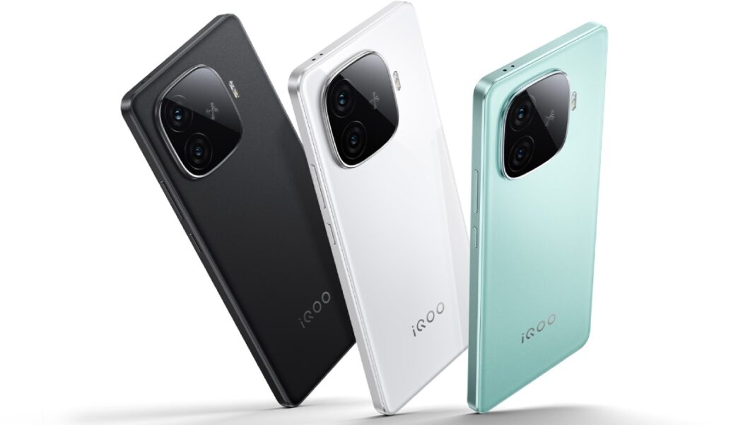 Three iQOO smartphones in black, white, and mint.