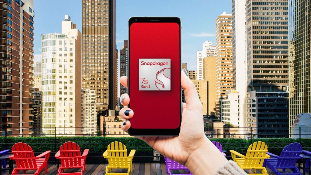 Person holding smartphone with Snapdragon logo, cityscape background.