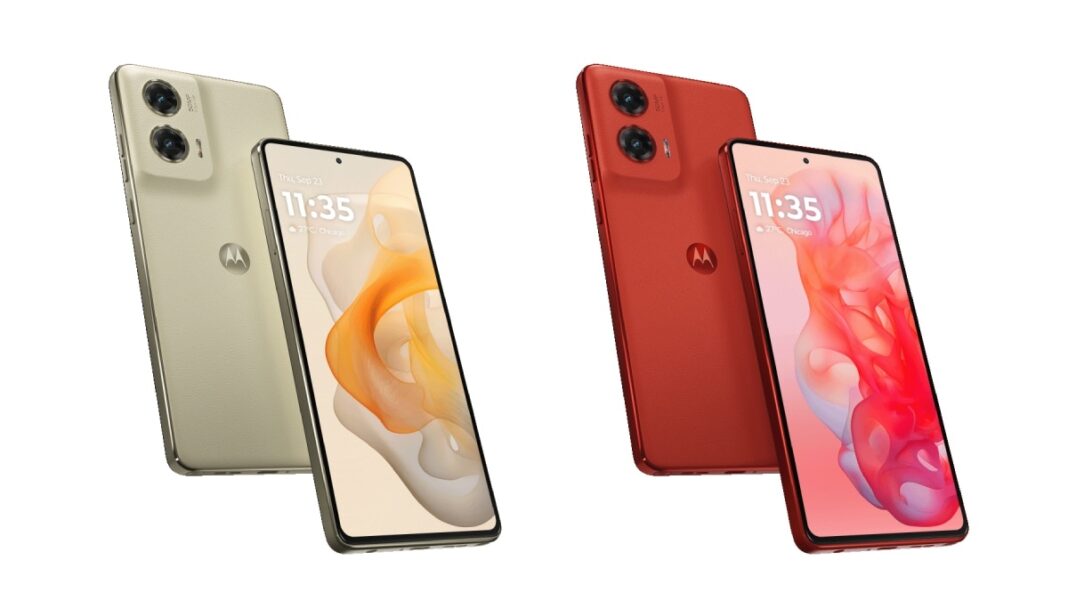 Gold and red smartphones on white background