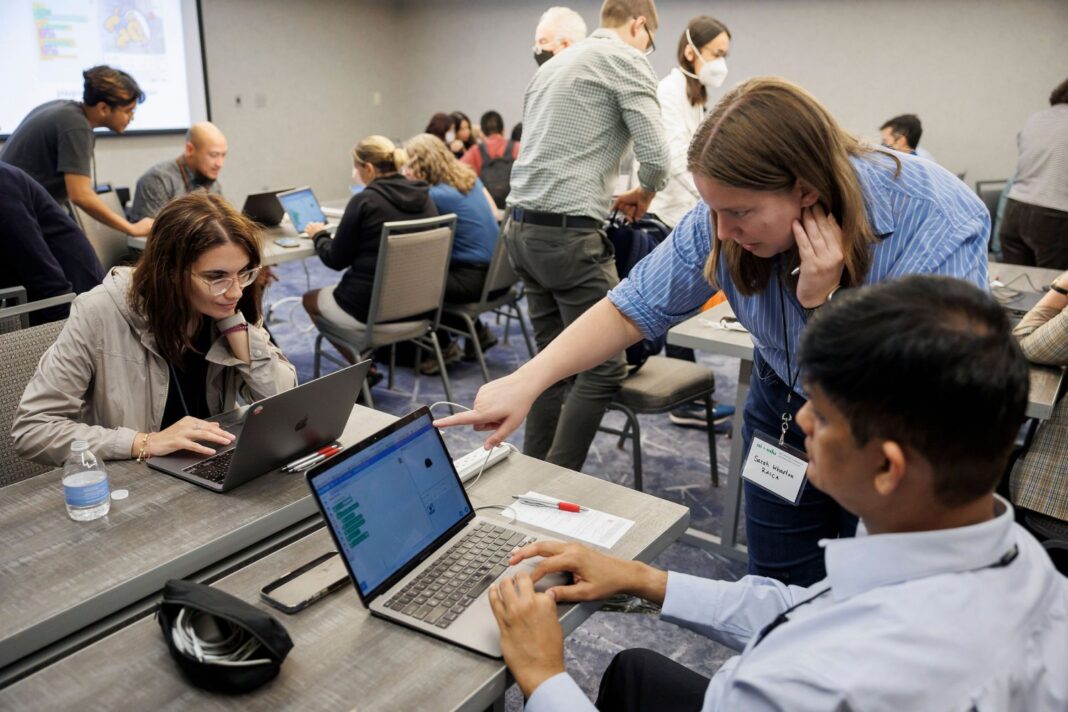 Professionals collaborating at a business workshop.