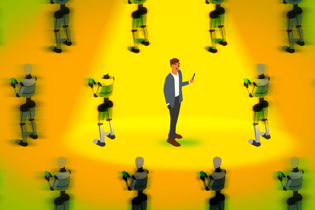 Man and virtual reality avatars in yellow spotlight.