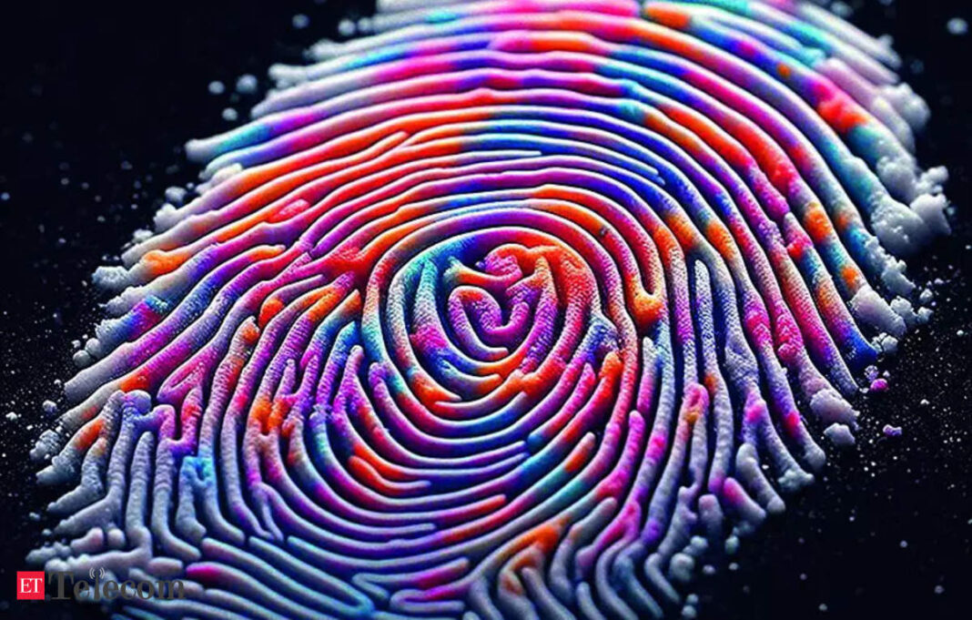 Colorful fingerprint close-up with vibrant neon glow