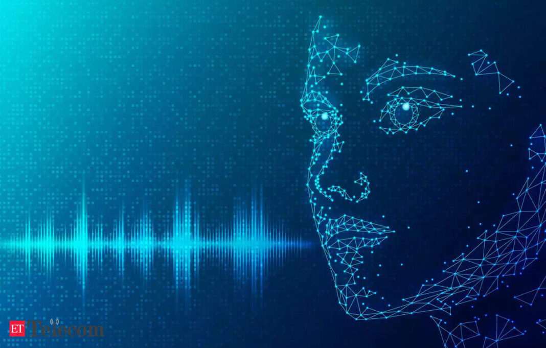 Digital face illustration with sound waves, AI concept.