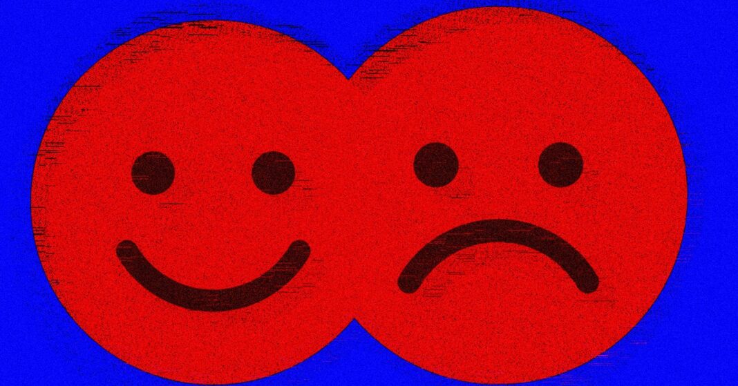 Red happy and sad faces on blue background.