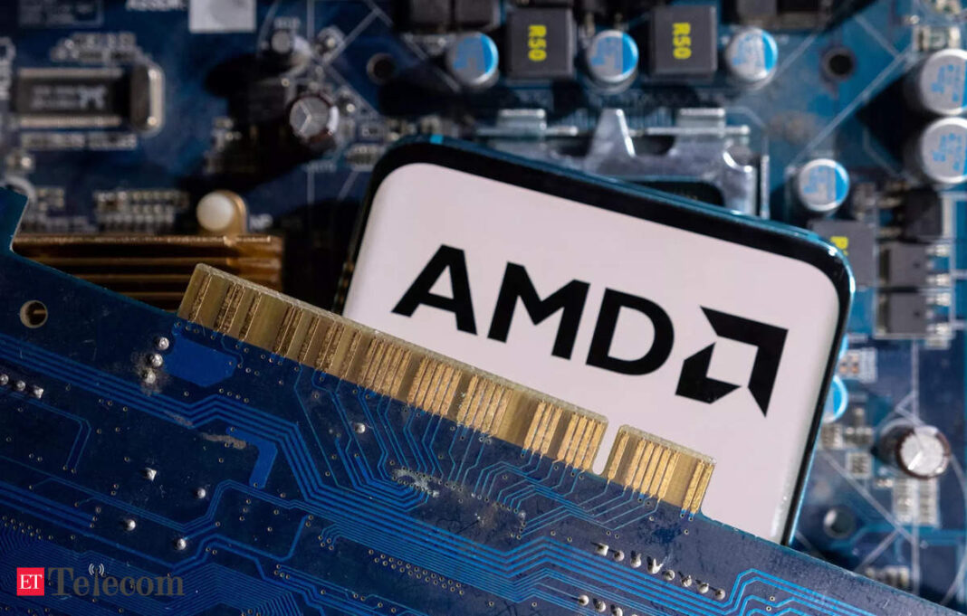 AMD logo on computer motherboard circuitry.