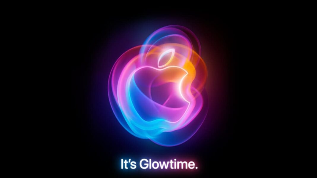 Colorful neon Apple logo with "It's Glowtime" text.