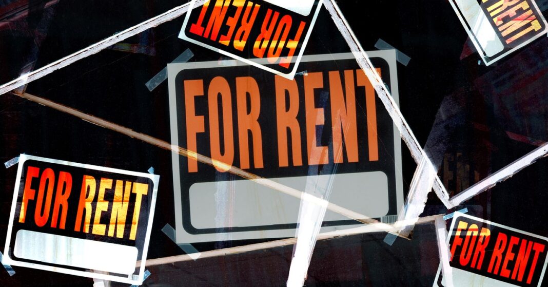 Multiple "For Rent" signs on window, vacancy concept.