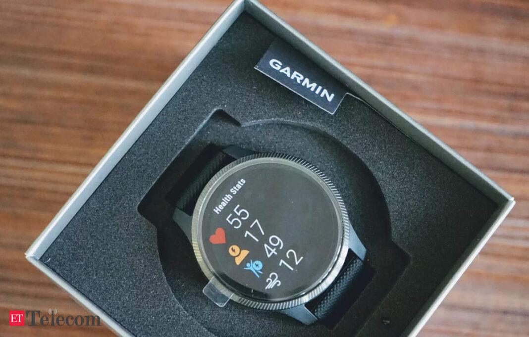 Garmin smartwatch displaying health stats in box.