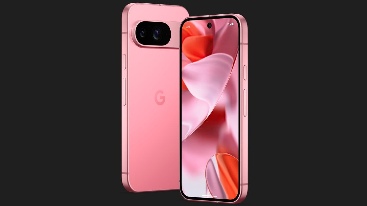 Pink smartphone with dual camera design.